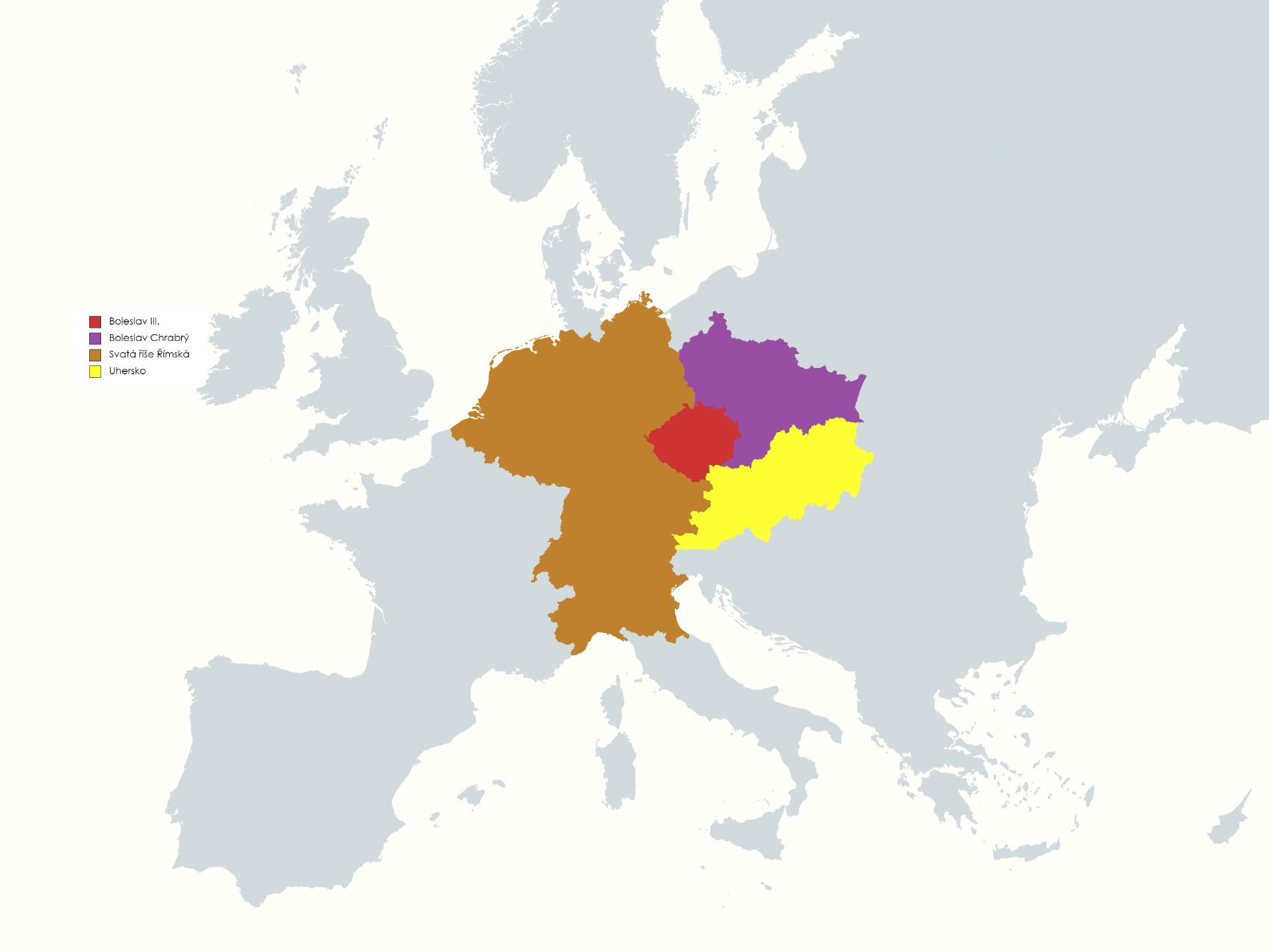 Fialová = Polsko, Červená = Čechy Přemyslovců, Hnědá = Svatá říše římská, Žlutá = Maďarská říše